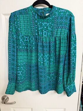 LOFT Green and Blue Patterned Long Sleeve Blouse